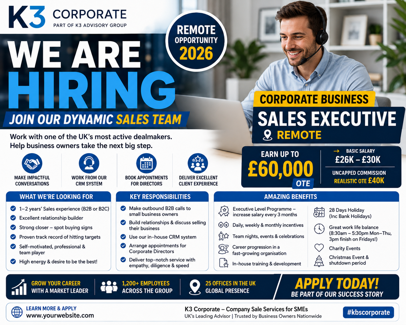 Corporate Business Sales Executive Remote | £26K-£60K | KBS Corporate K3 Advisory Group UK