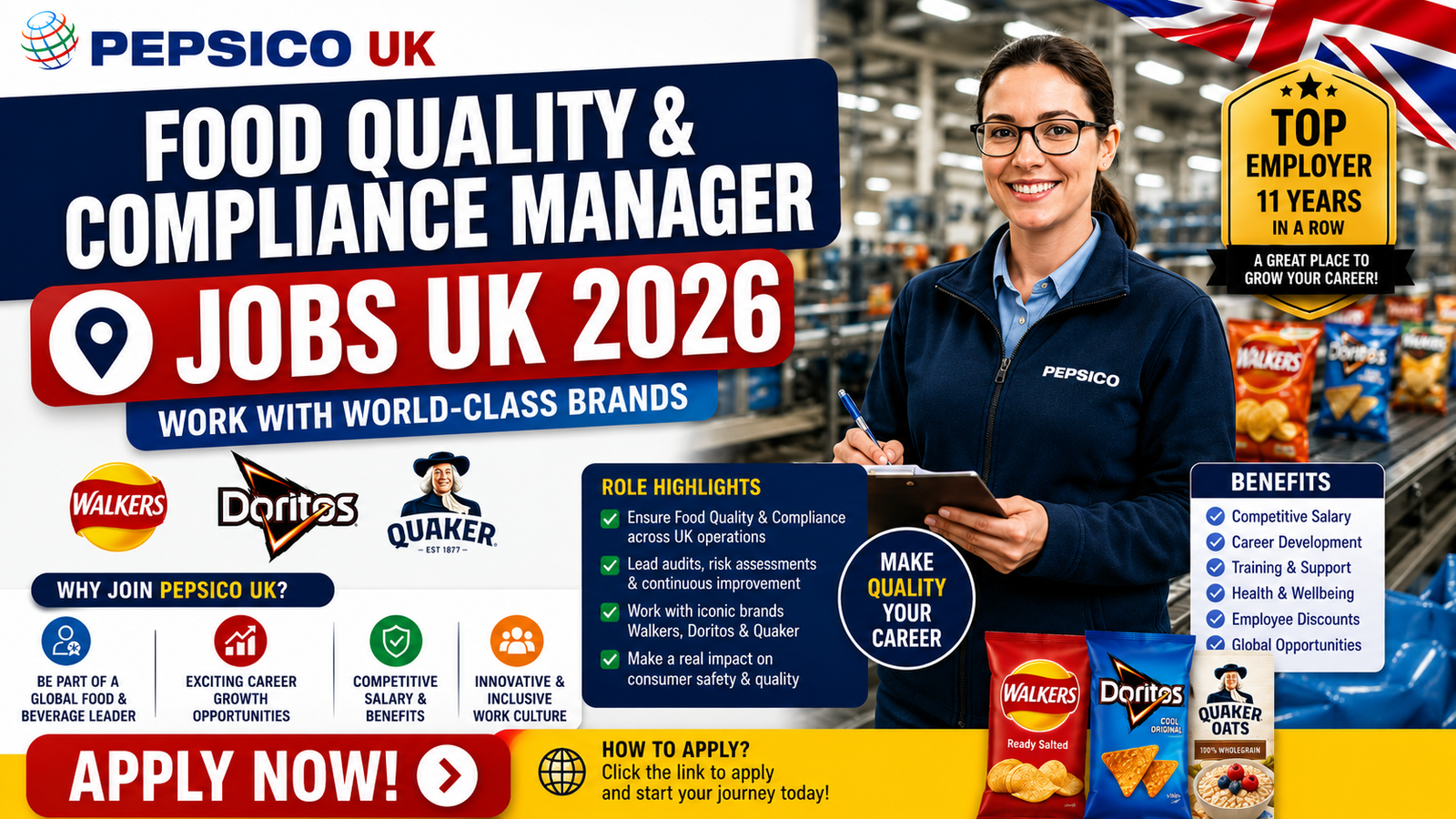 Food Quality and Compliance Manager Jobs UK 2026 | PepsiCo UK | Walkers Doritos Quaker | Top Employer 11 Years