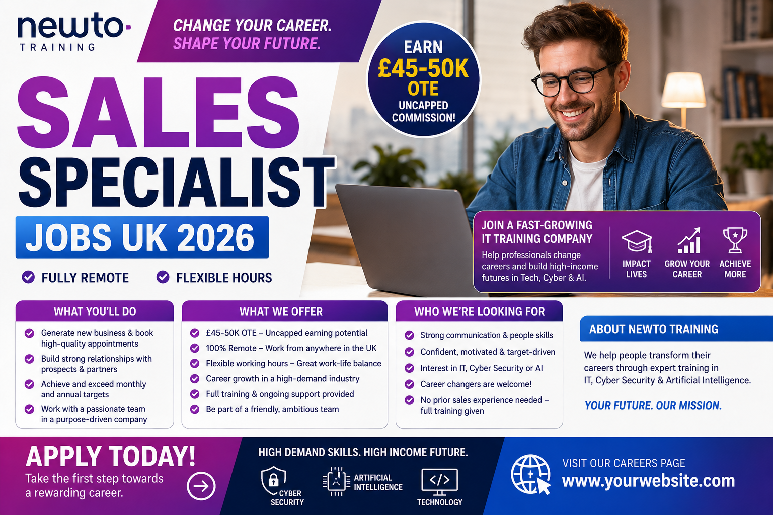 Sales Specialist Jobs UK 2026| Newto Training | Fully Remote | £45-50K OTE | IT Cyber AI Career Change Training